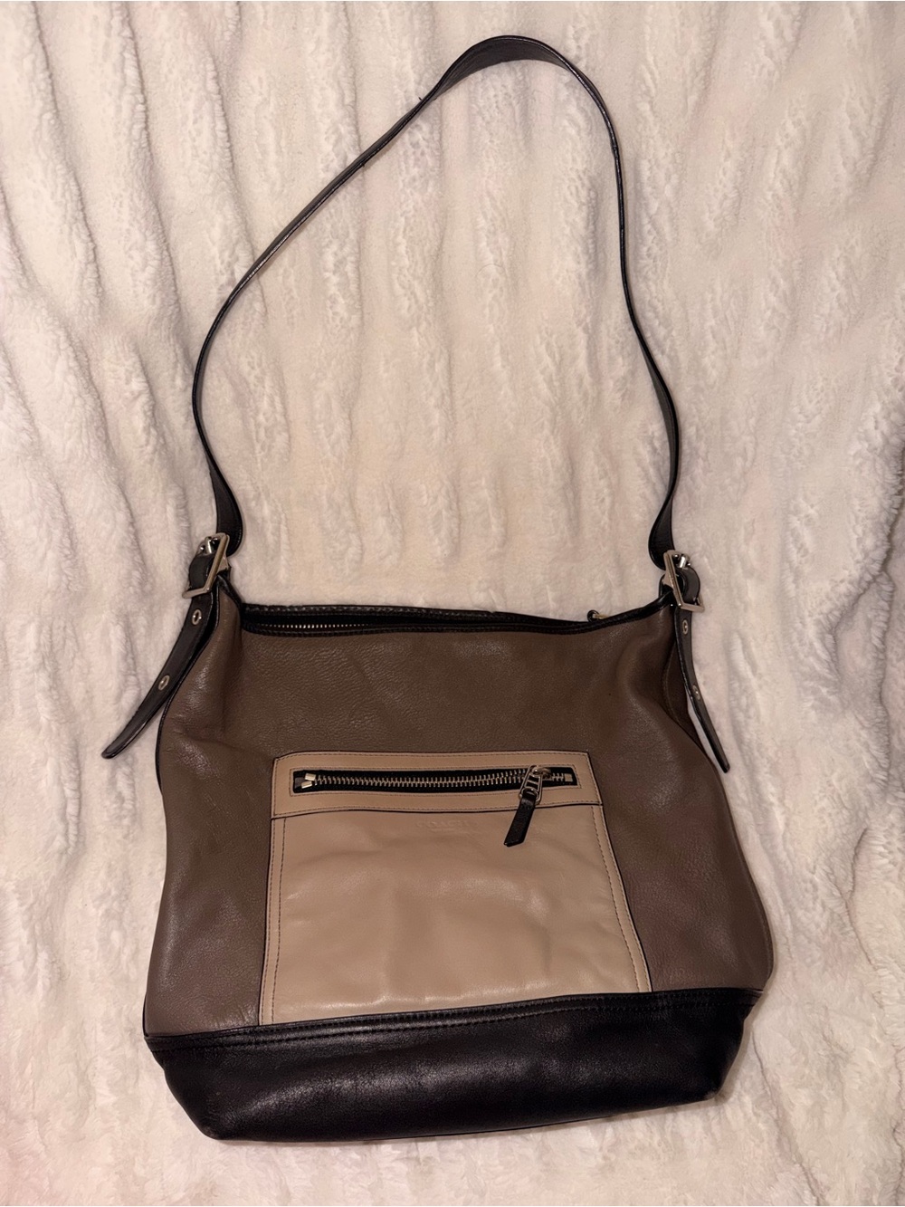 Coach Brown Taupe Black Leather Shoulder Hobo Bag Front Zip Pocket Y2K